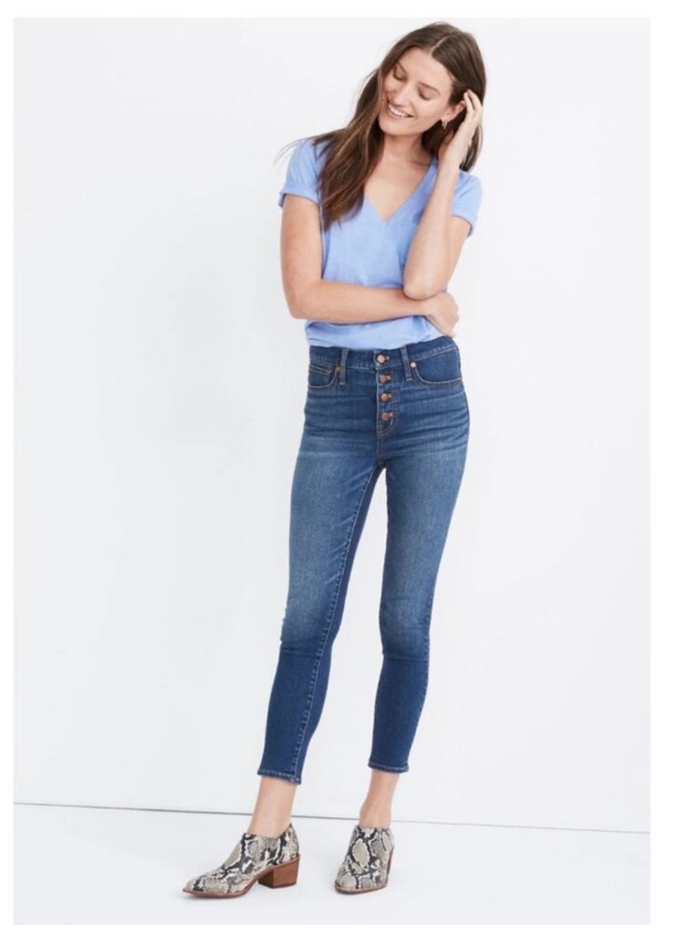 Madewell Mid Rise button fly Skinny Crop Jeans in Blue Denim